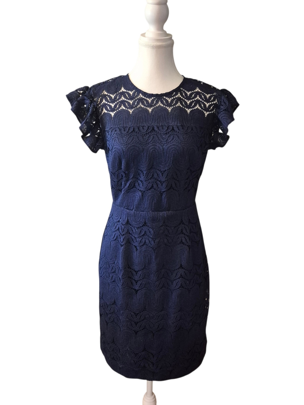 Trina Turk Navy Lace Flutter Sleeve Sheath Dress